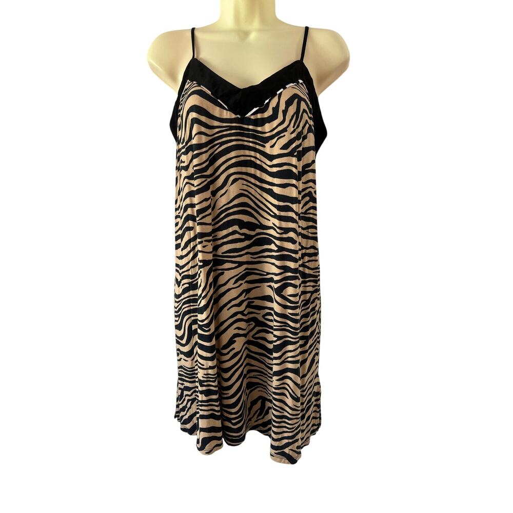 Sofia Intimates- Tan & Black Zebra Striped Knit Chemise Nightgown Size Small